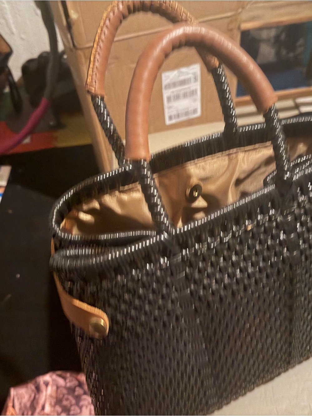 Woven Tote Bag with Brown Leather Handles - Black & Tan